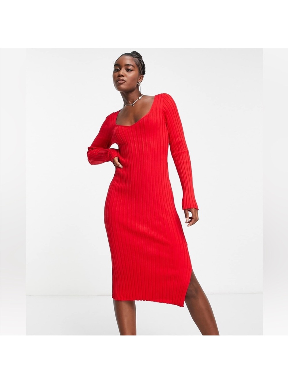 Sculpting Red Ribbed Midi Dress with Square Neck